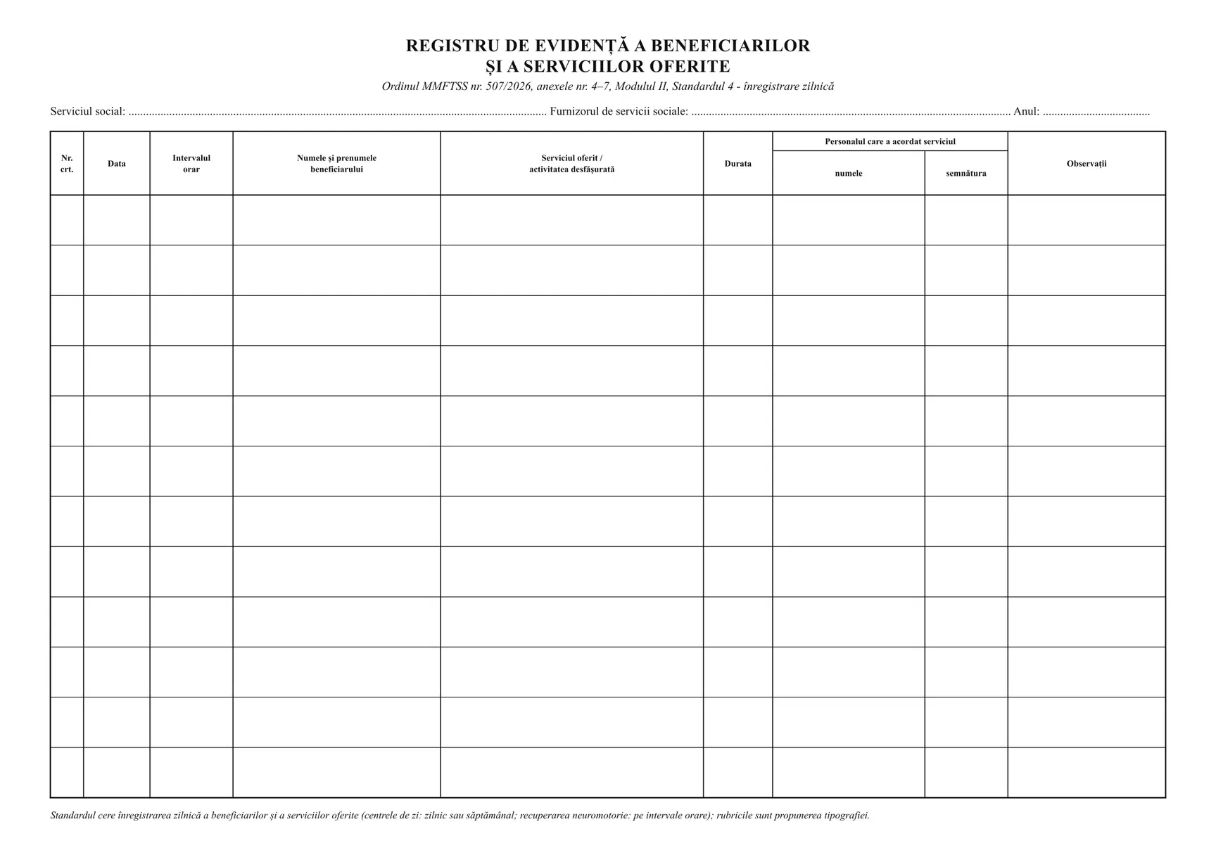 Registru de evidență a beneficiarilor și a serviciilor oferite