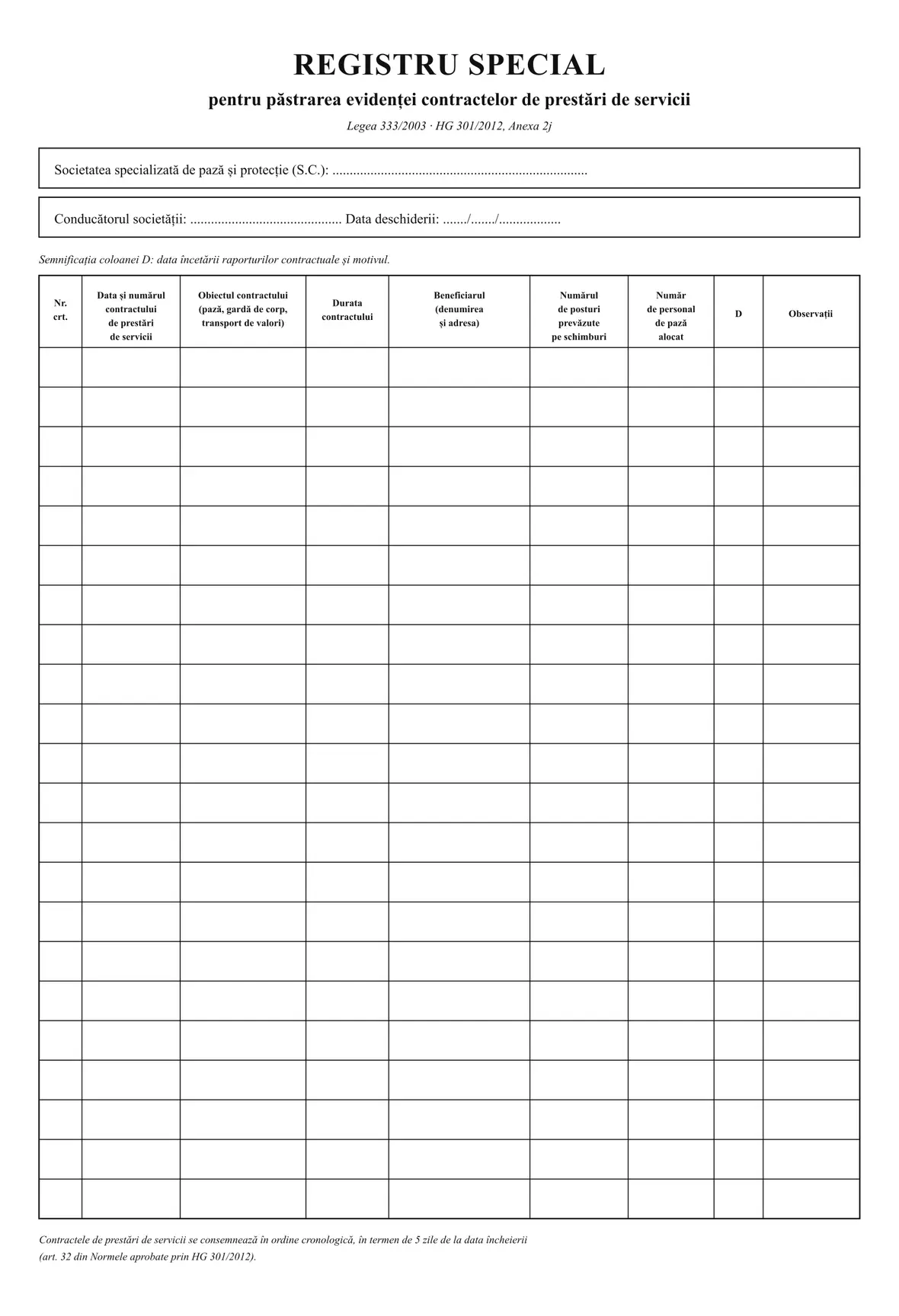 Registru special de evidență a contractelor de prestări de servicii