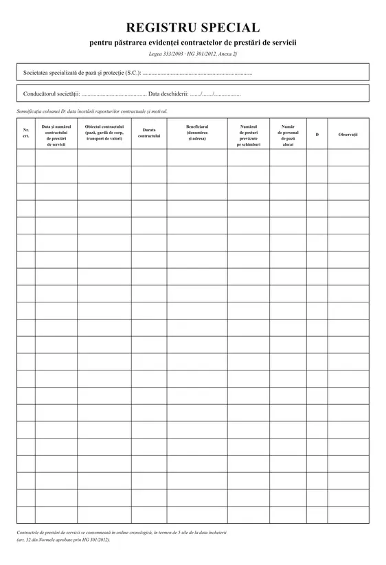 Registru special de evidență a contractelor de prestări de servicii