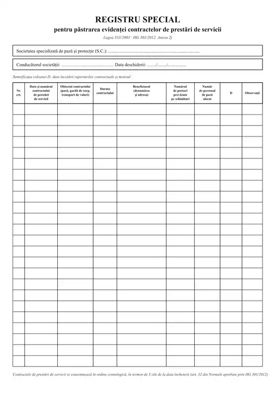 Registru special de evidență a contractelor de prestări de servicii