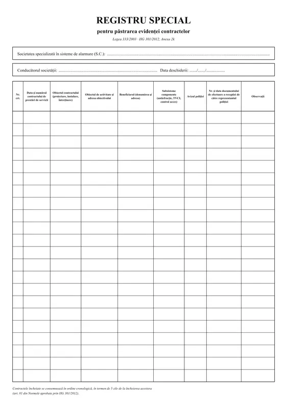 Registru special pentru păstrarea evidenței contractelor (sisteme de alarmare) - față