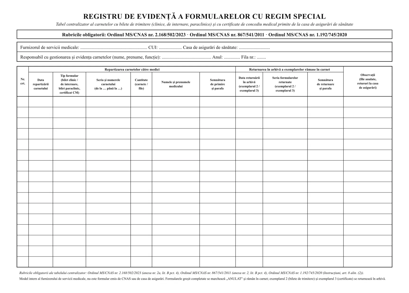 Registru de evidență a formularelor cu regim special (CNAS)