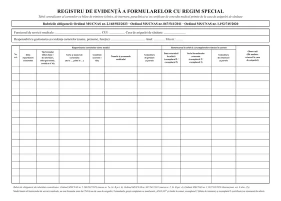 Registru de evidență a formularelor cu regim special (CNAS)