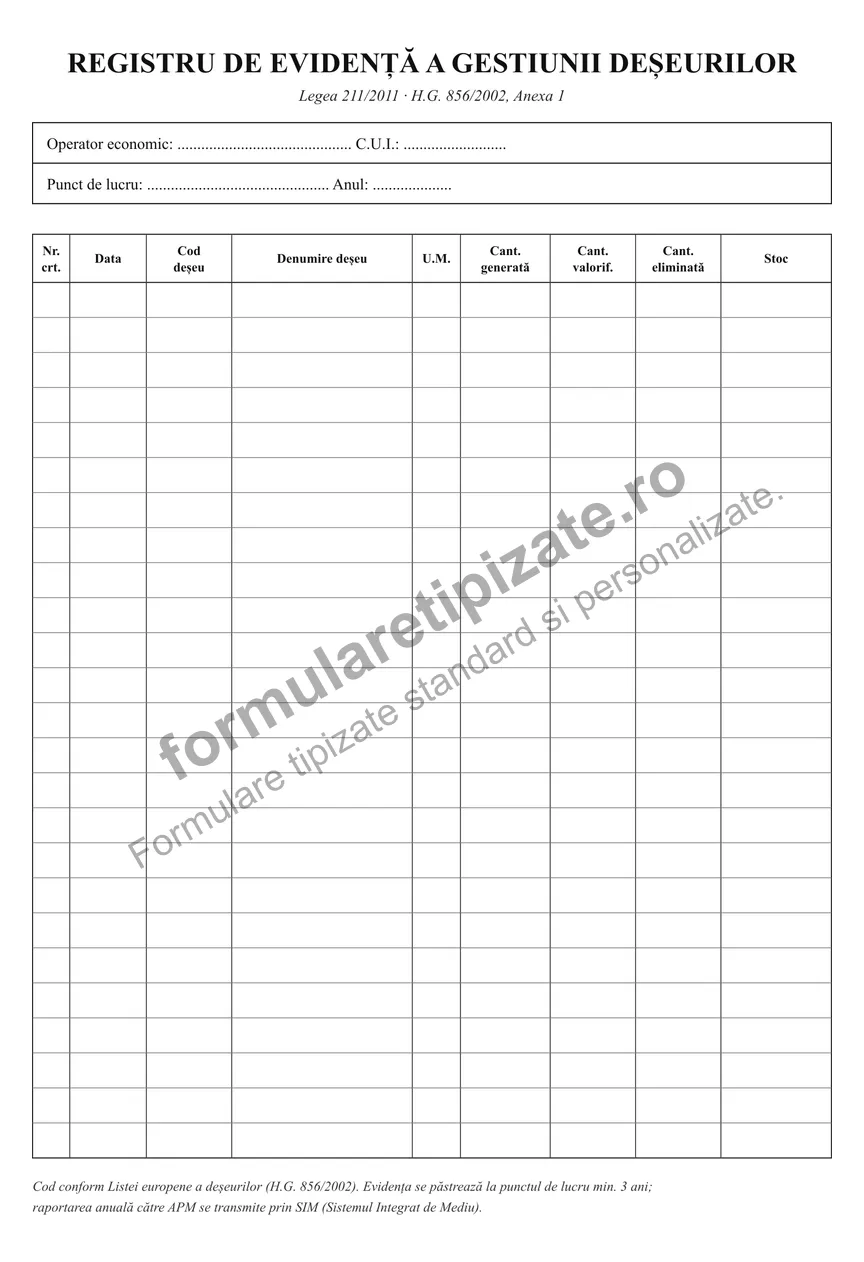 Registru de evidență a gestiunii deșeurilor