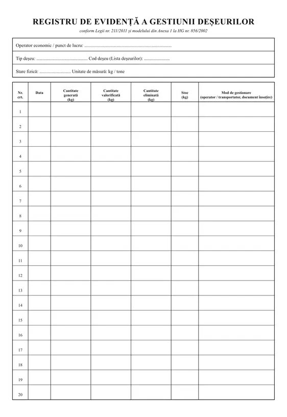 Registru de evidență a gestiunii deșeurilor