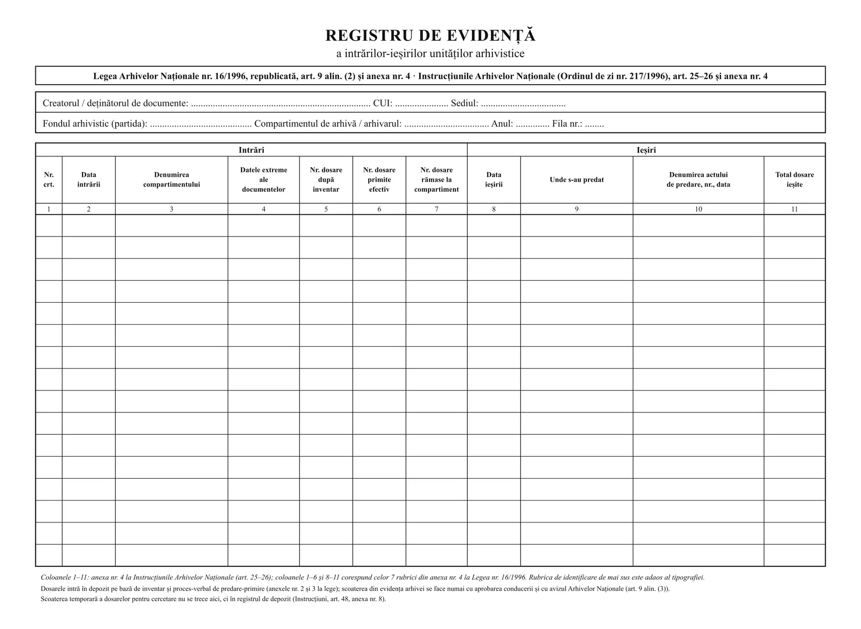 Registru de evidență a intrărilor-ieșirilor unităților arhivistice