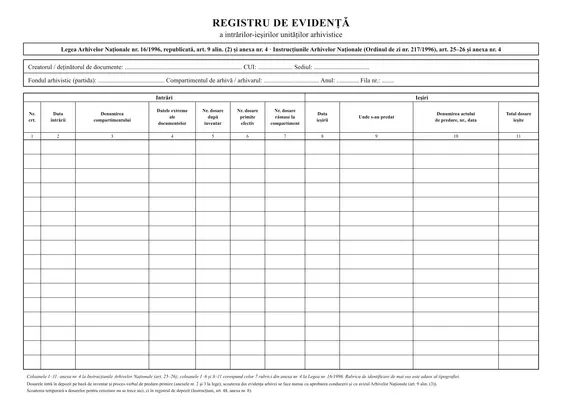 Registru de evidență a intrărilor-ieșirilor unităților arhivistice
