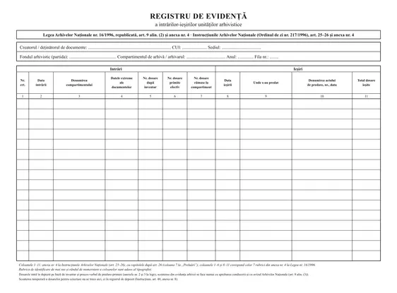 Registru de evidență a intrărilor-ieșirilor unităților arhivistice