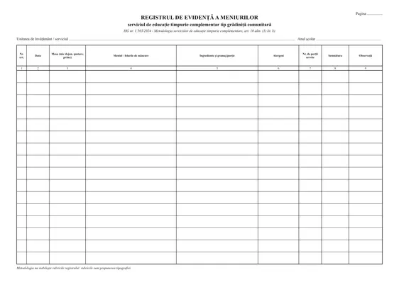 Registrul de evidență a meniurilor (grădiniță comunitară) - față