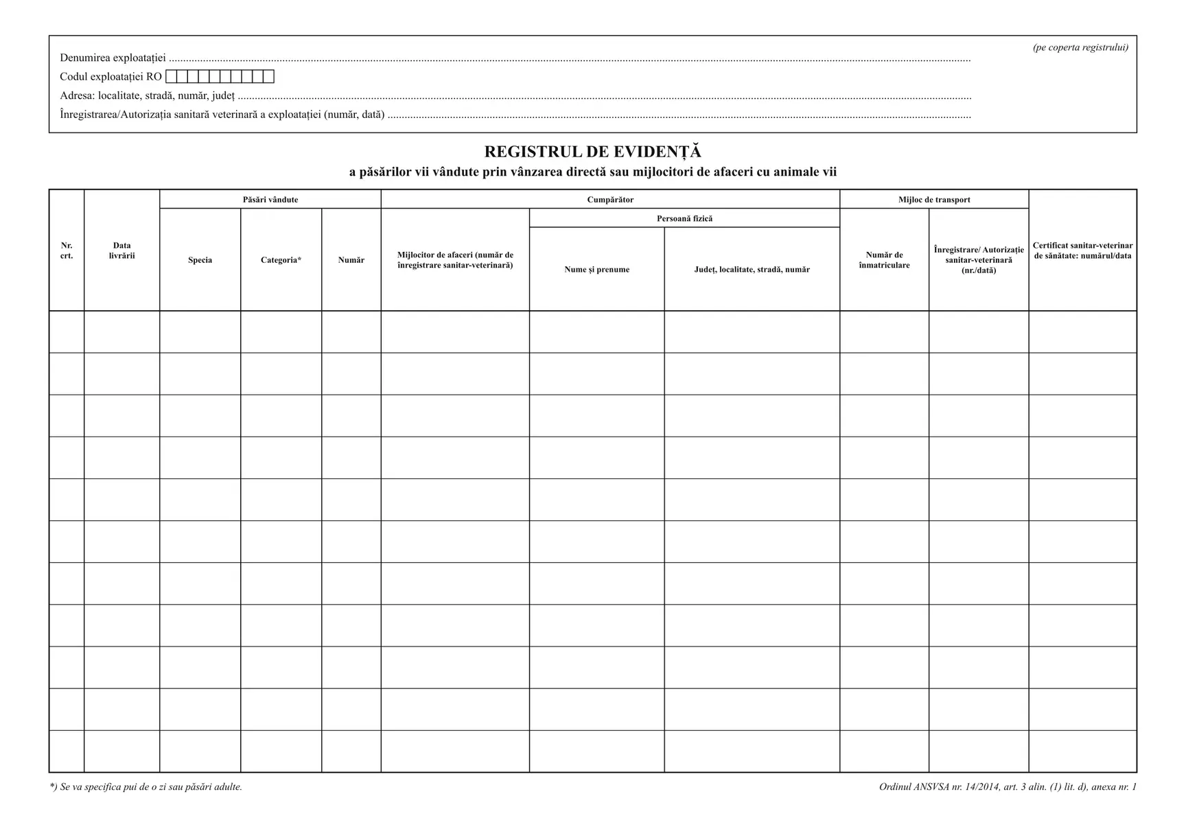Registrul de evidență a păsărilor vii vândute direct sau prin mijlocitori (Ordinul ANSVSA nr. 14/2014)