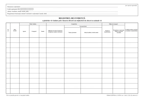 Registrul de evidență a păsărilor vii vândute direct sau prin mijlocitori (Ordinul ANSVSA nr. 14/2014) - față
