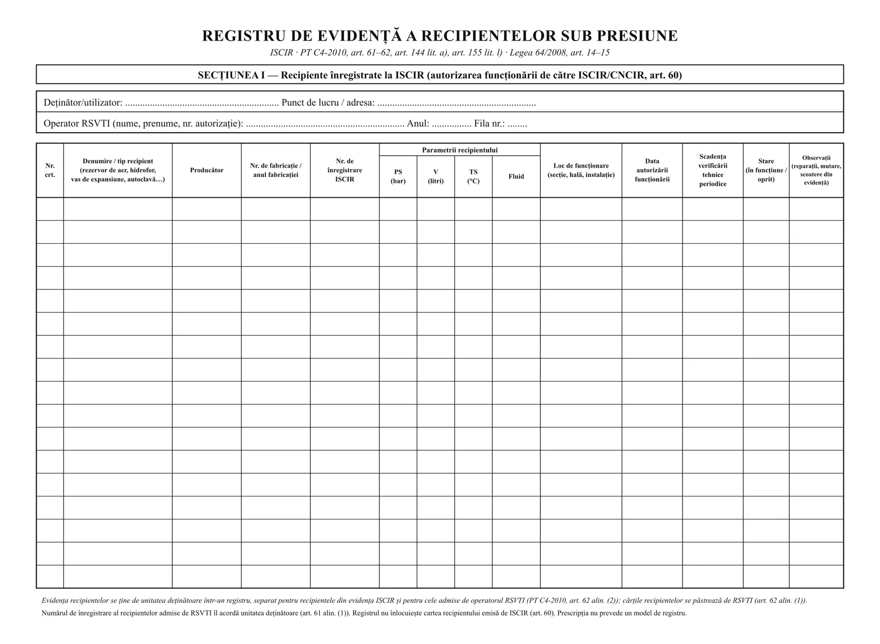 Registru de evidență a recipientelor sub presiune