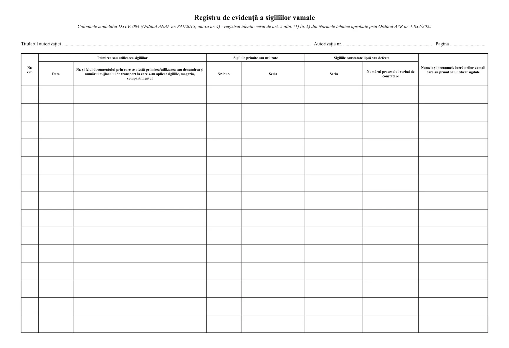 Registru de evidență a sigiliilor vamale (tranzit)