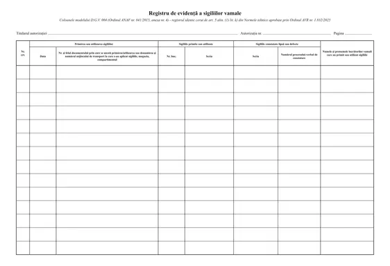 Registru de evidență a sigiliilor vamale (tranzit) - față