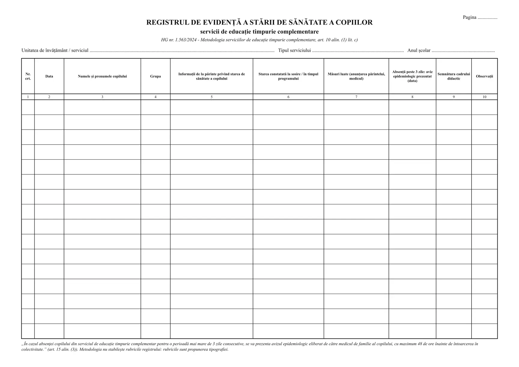 Registrul de evidență a stării de sănătate a copiilor (servicii de educație timpurie complementare)