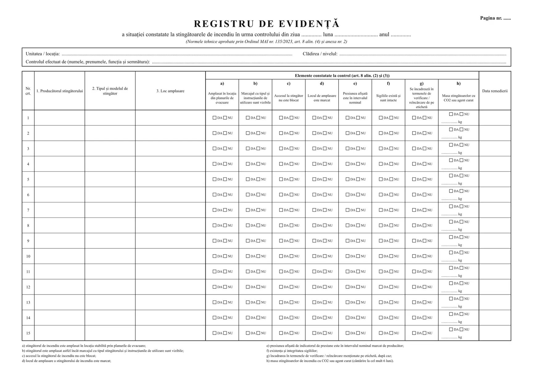 Registru de evidență a stingătoarelor de incendiu