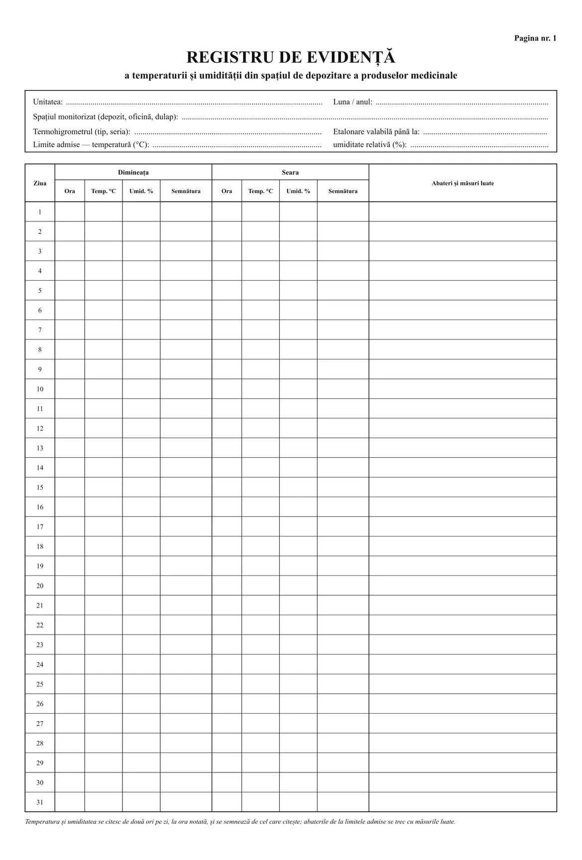 Registru de evidență a temperaturii și umidității