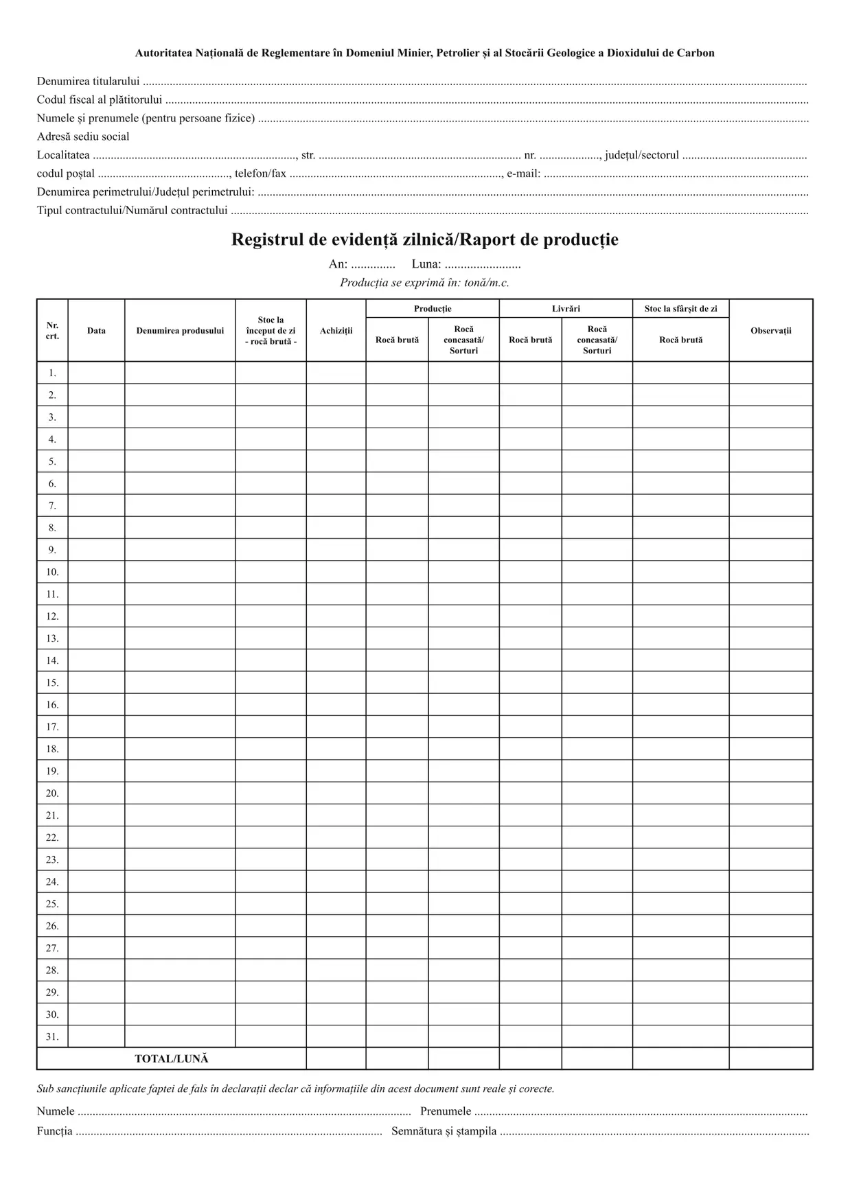 Registrul de evidență zilnică/Raport de producție (balastiere, ANRM)
