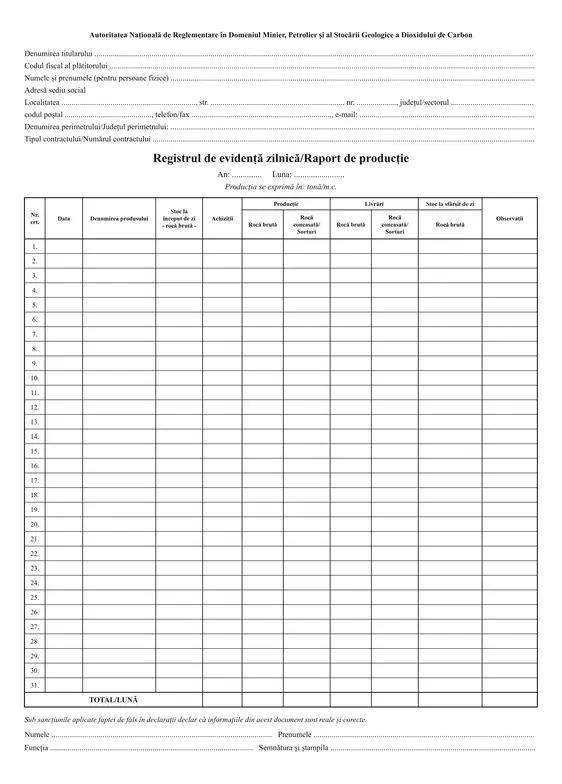 Registrul de evidență zilnică/Raport de producție (balastiere, ANRM) - față