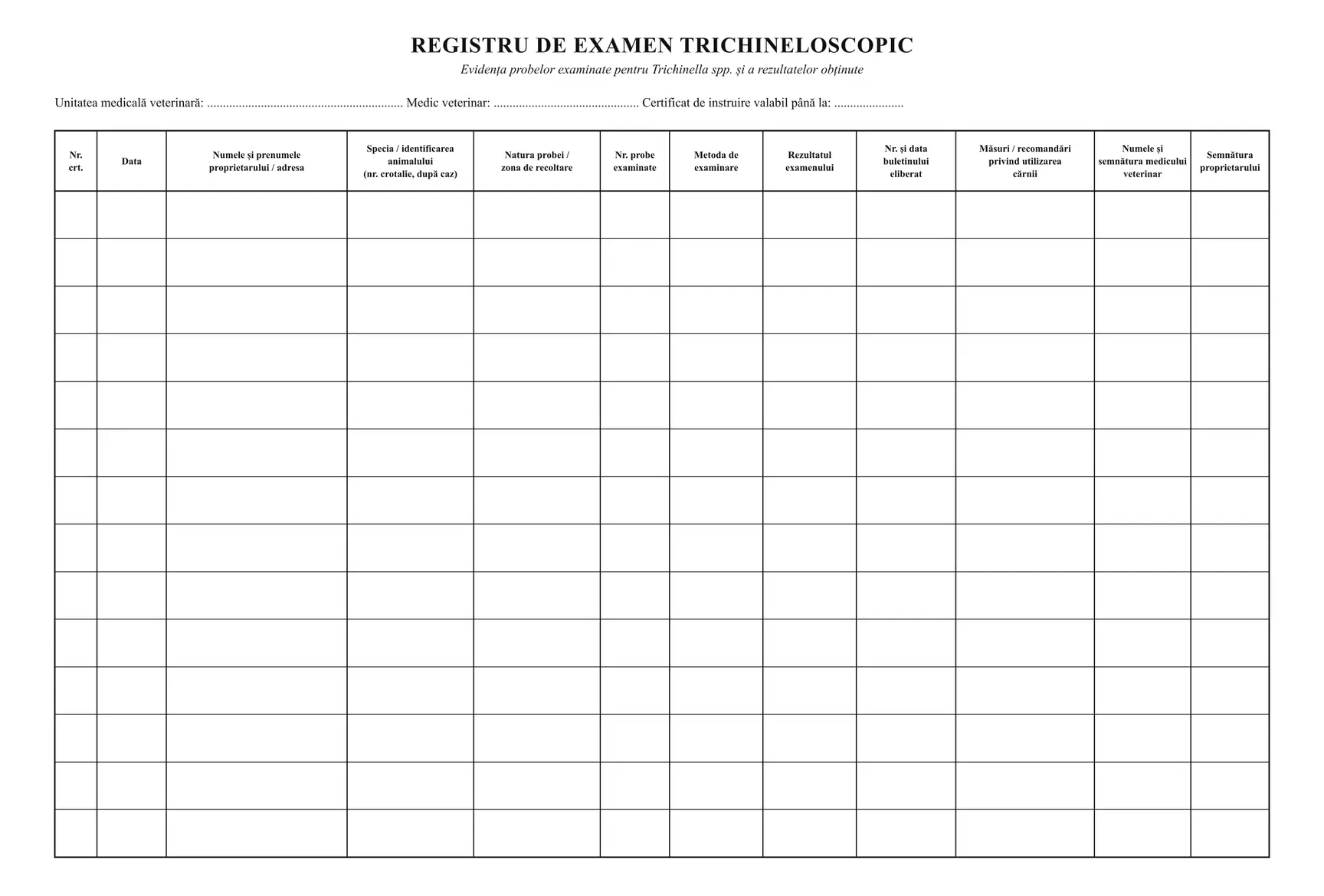 Registru de examen trichineloscopic