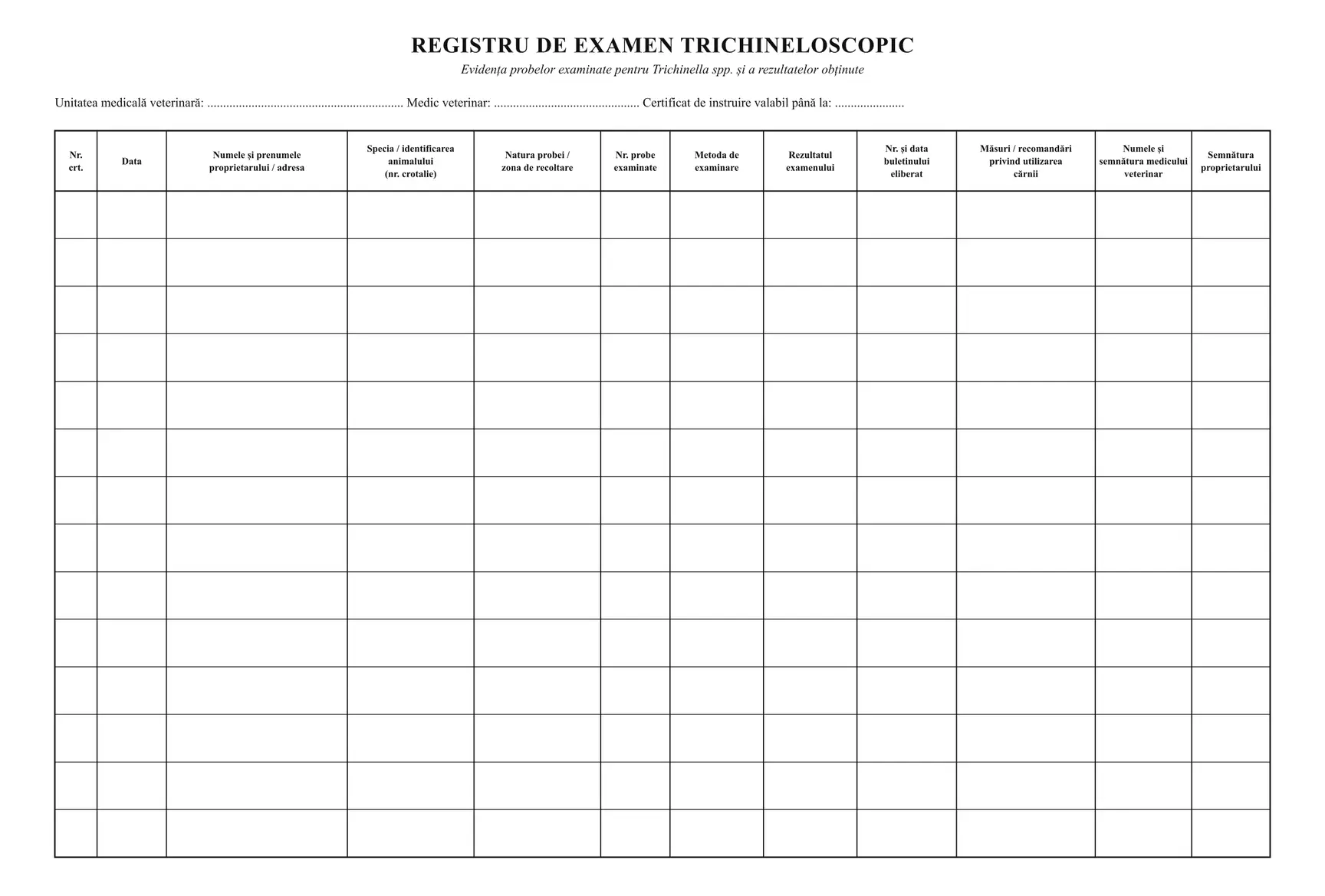 Registru de examen trichineloscopic
