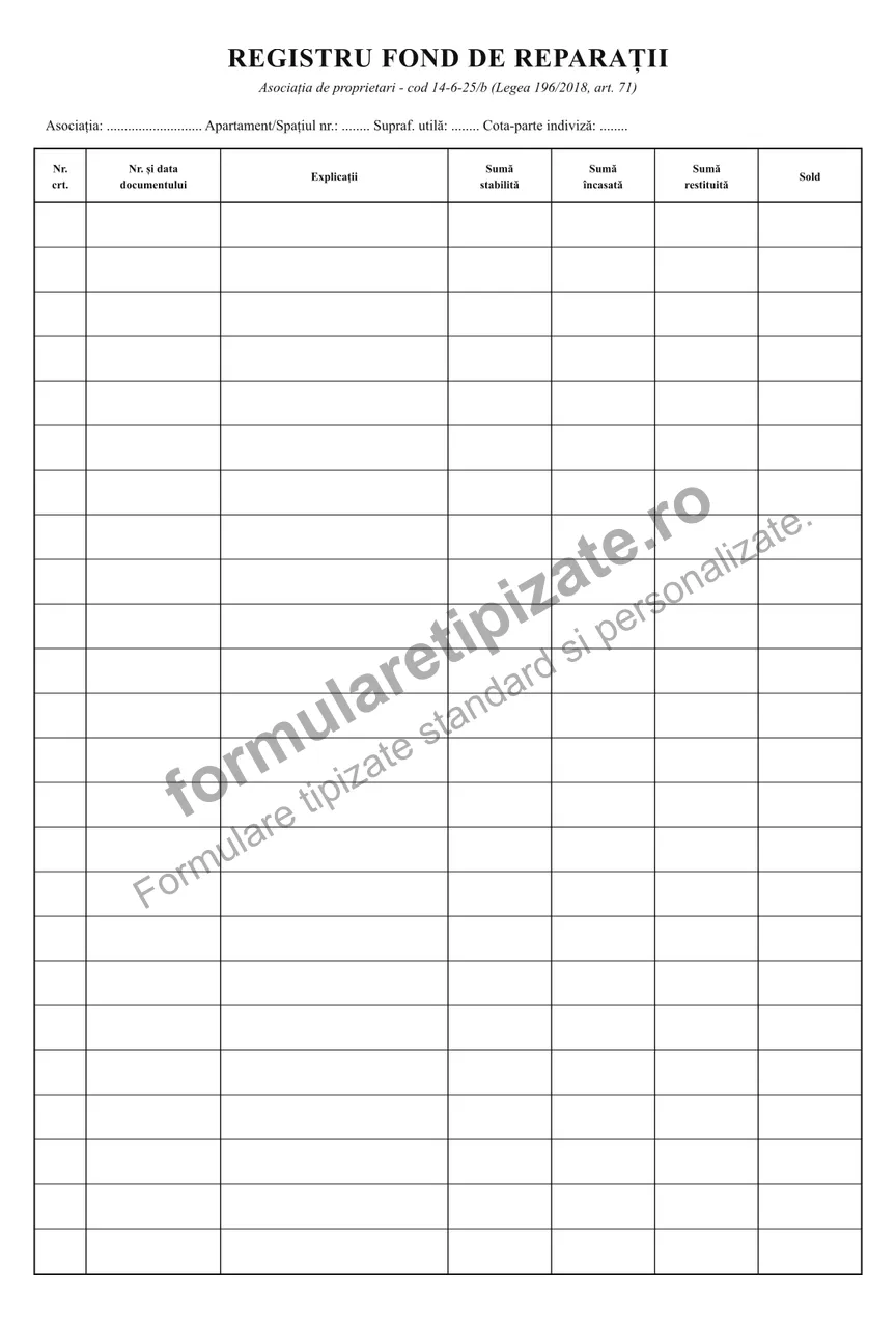 Registru pentru evidența fondului de reparații