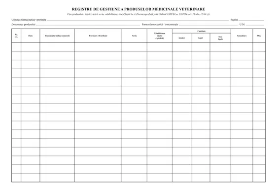 Registru de gestiune a produselor medicinale veterinare (fișe de magazie) - față