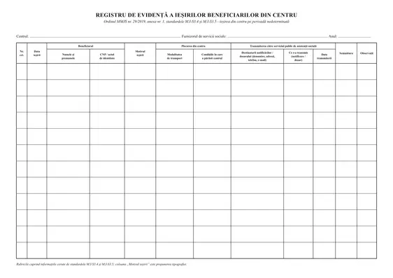 Registru de evidență a ieșirilor beneficiarilor din centru