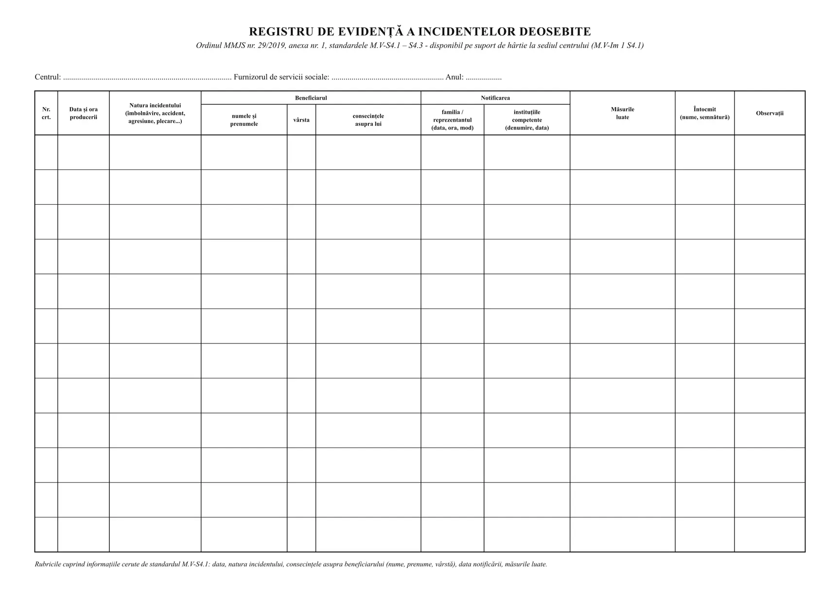 Registru de evidență a incidentelor deosebite