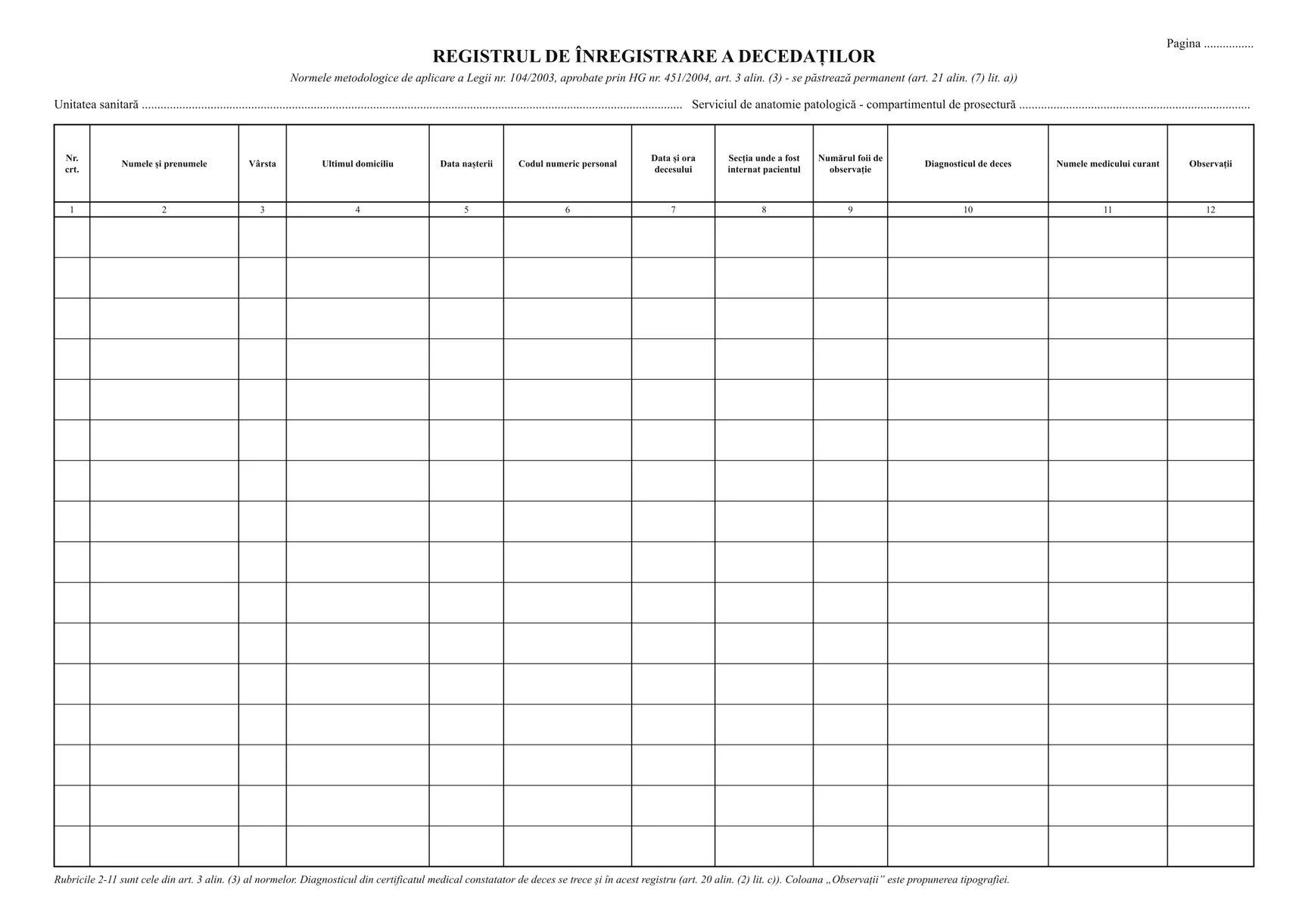 Registrul de înregistrare a decedaților (compartimentul de prosectură)
