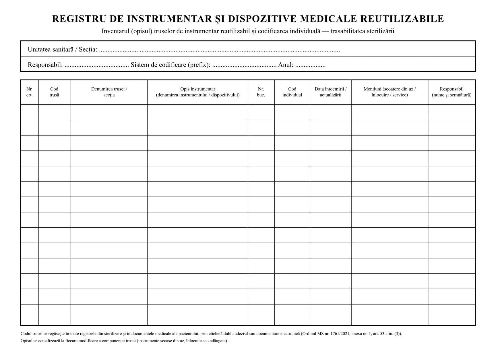 Registru de instrumentar și dispozitive medicale reutilizabile