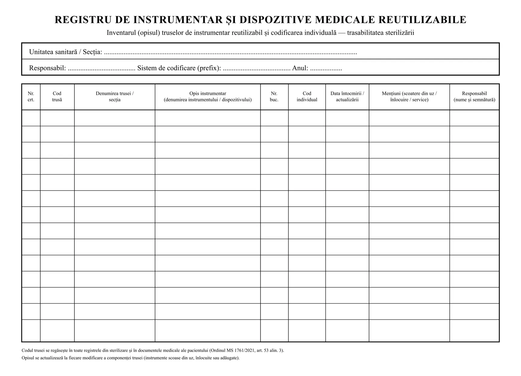Registru de instrumentar și dispozitive medicale reutilizabile