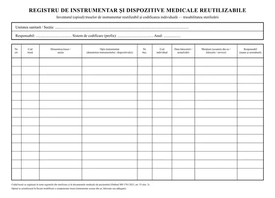 Registru de instrumentar și dispozitive medicale reutilizabile