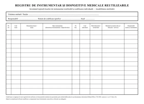 Registru de instrumentar și dispozitive medicale reutilizabile