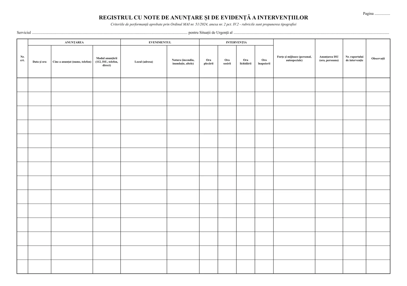 Registrul cu note de anunțare și de evidență a intervențiilor (SVSU, SPSU)