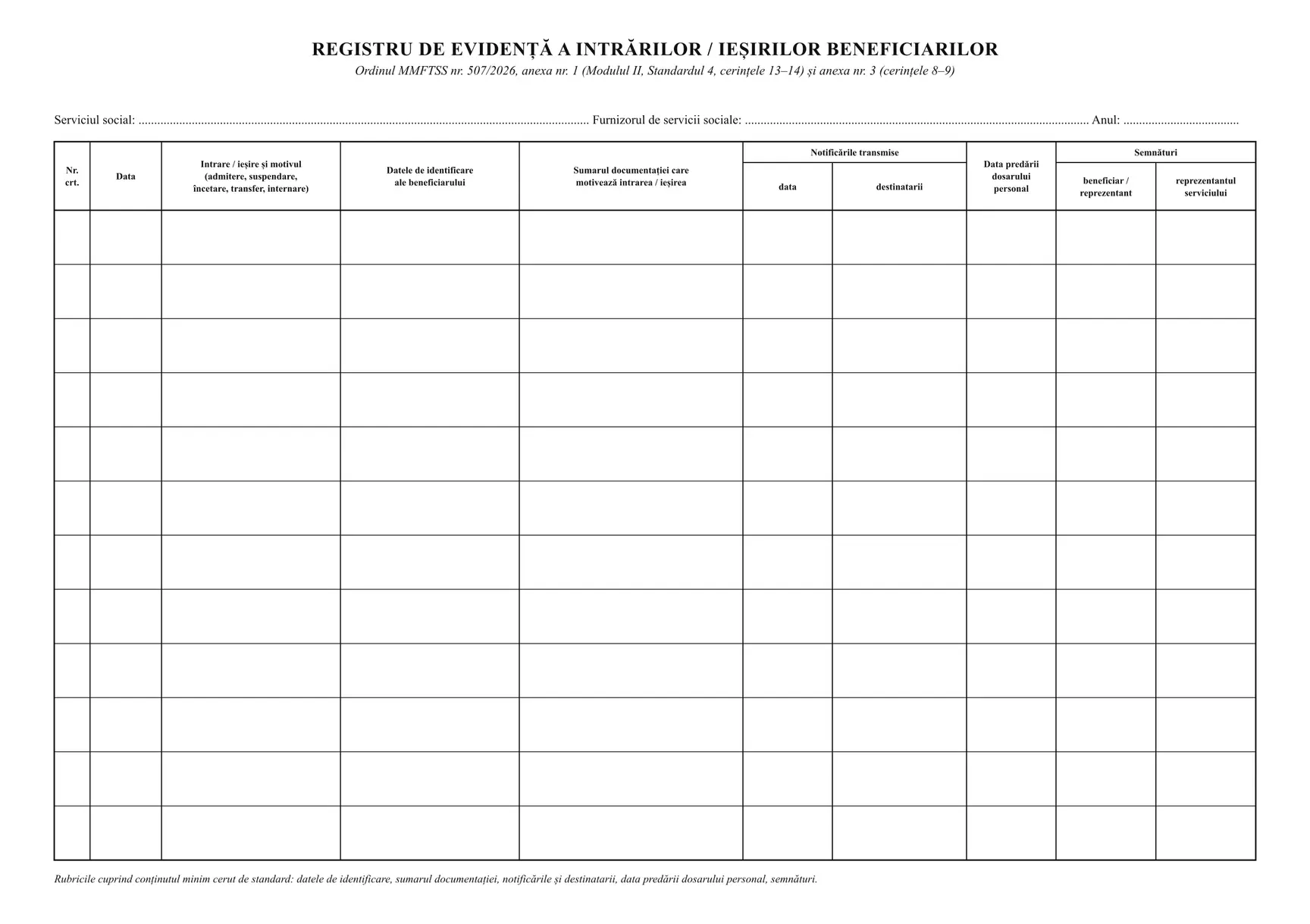 Registru de evidență a intrărilor/ieșirilor beneficiarilor