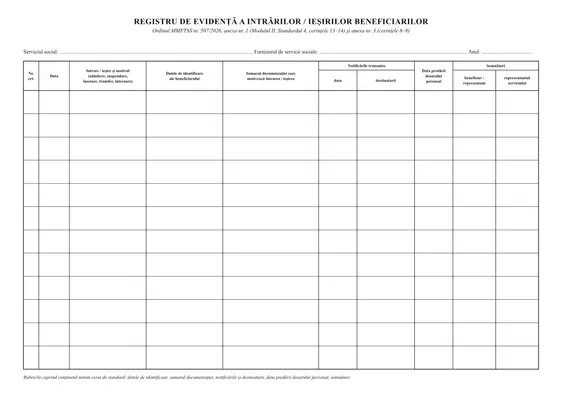 Registru de evidență a intrărilor/ieșirilor beneficiarilor