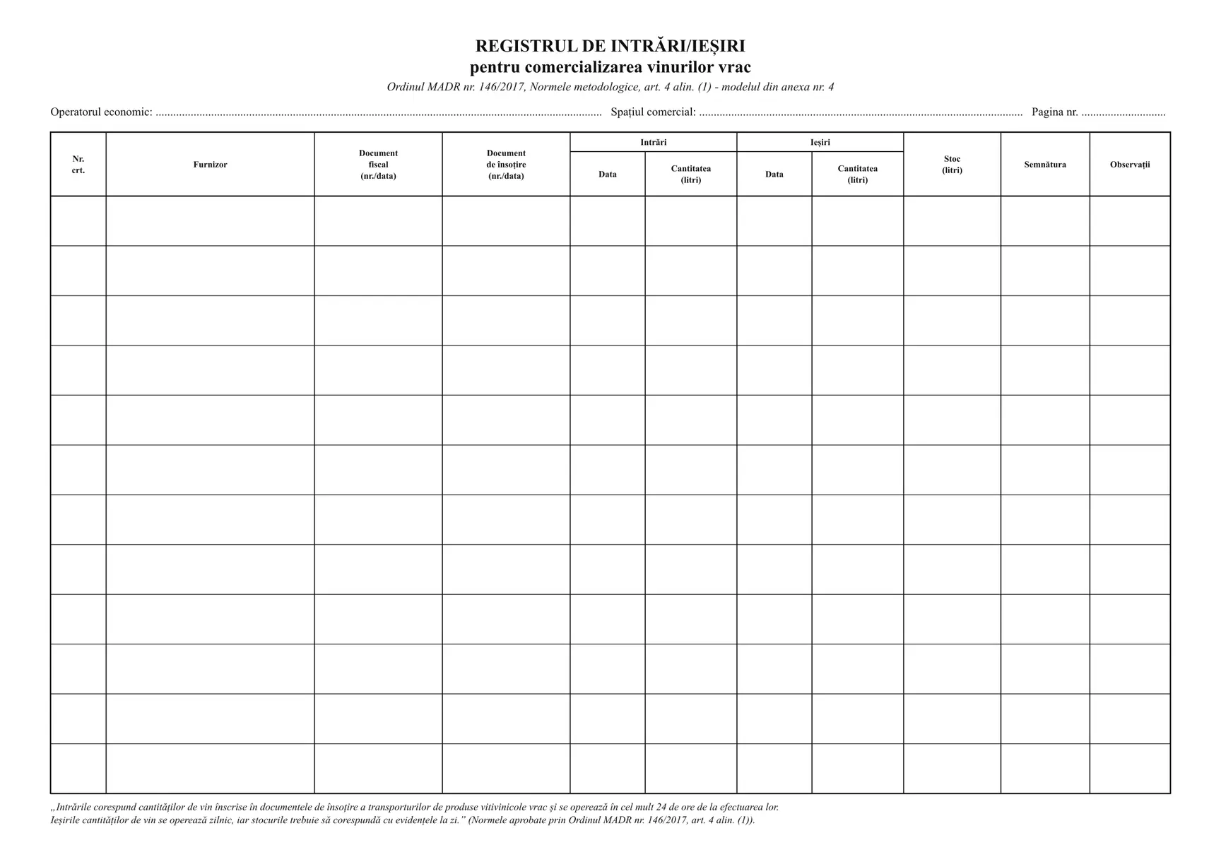 Registrul de intrări/ieșiri pentru comercializarea vinurilor vrac