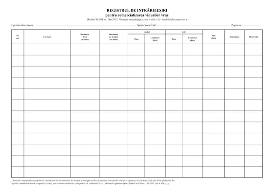 Registrul de intrări/ieșiri pentru comercializarea vinurilor vrac