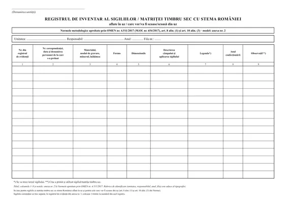 Registru de inventar al sigiliilor - față