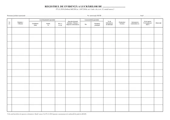 Registrul de evidență a lucrărilor la aparatele de până la 400 kW (PT A1-2010) - față