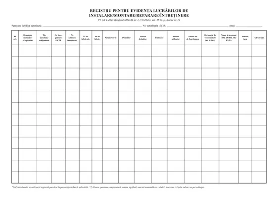 Registru pentru evidența lucrărilor de instalare/montare/reparare/întreținere (PT CR 4-2025)