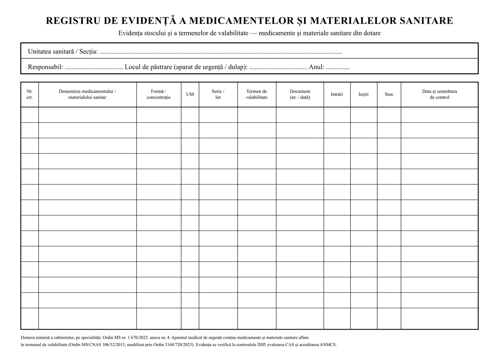 Registru de evidență a medicamentelor și materialelor sanitare