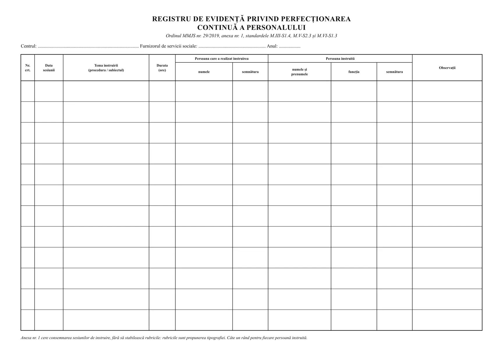 Registru de evidență privind perfecționarea continuă a personalului