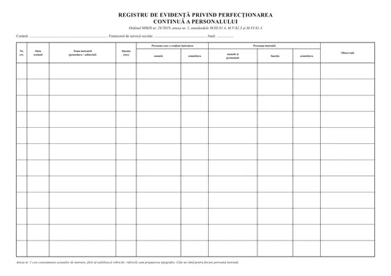 Registru de evidență privind perfecționarea continuă a personalului