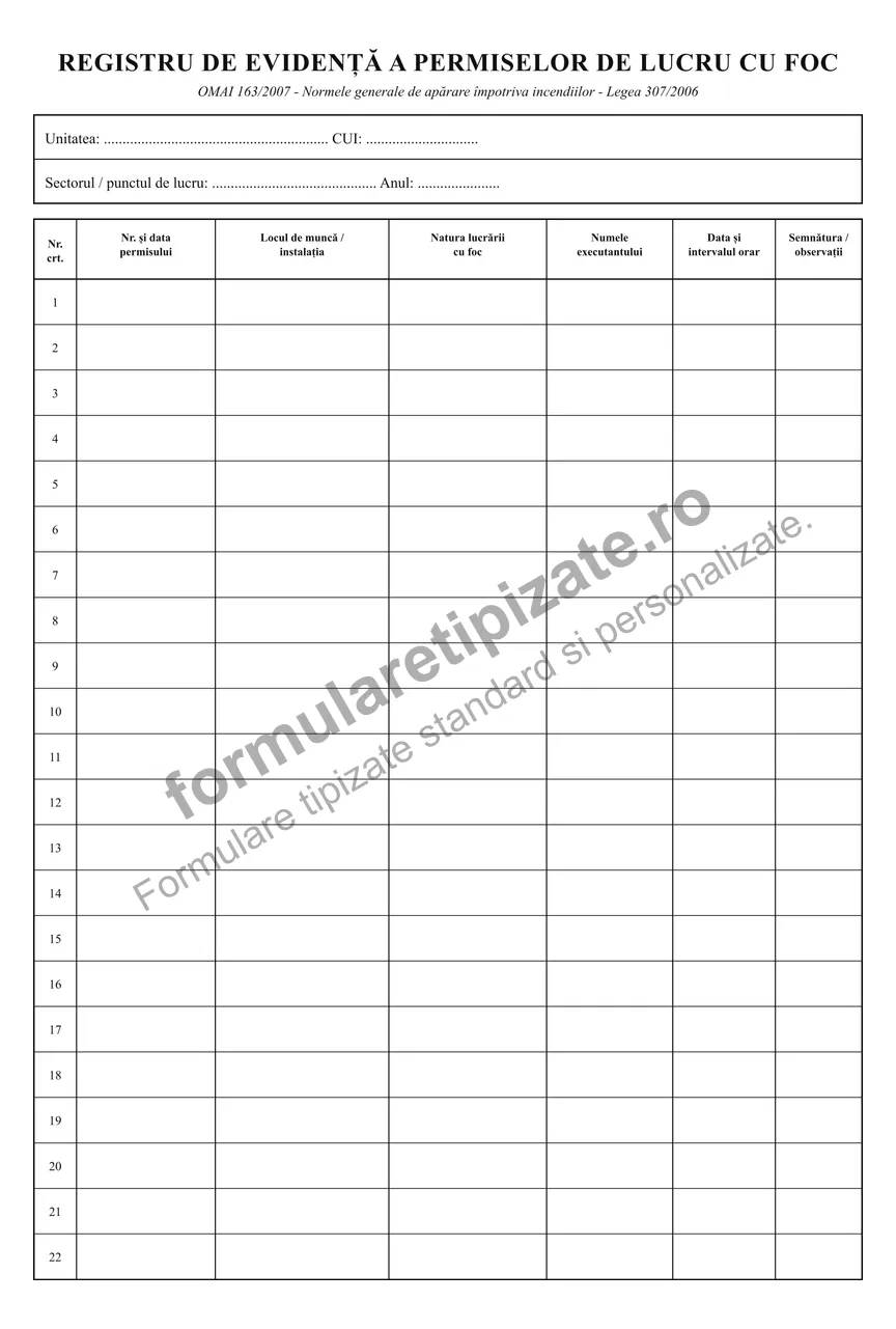 Registru de evidență a permiselor de lucru cu foc