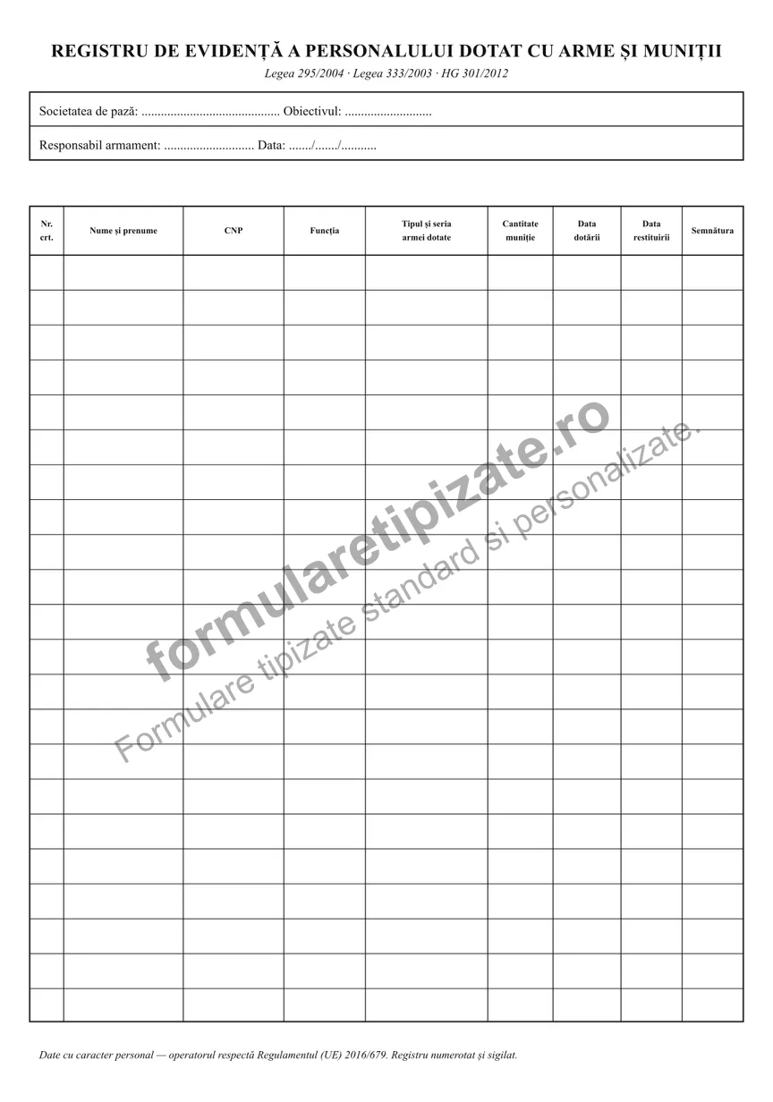 Registru de evidență a personalului dotat cu arme și muniții