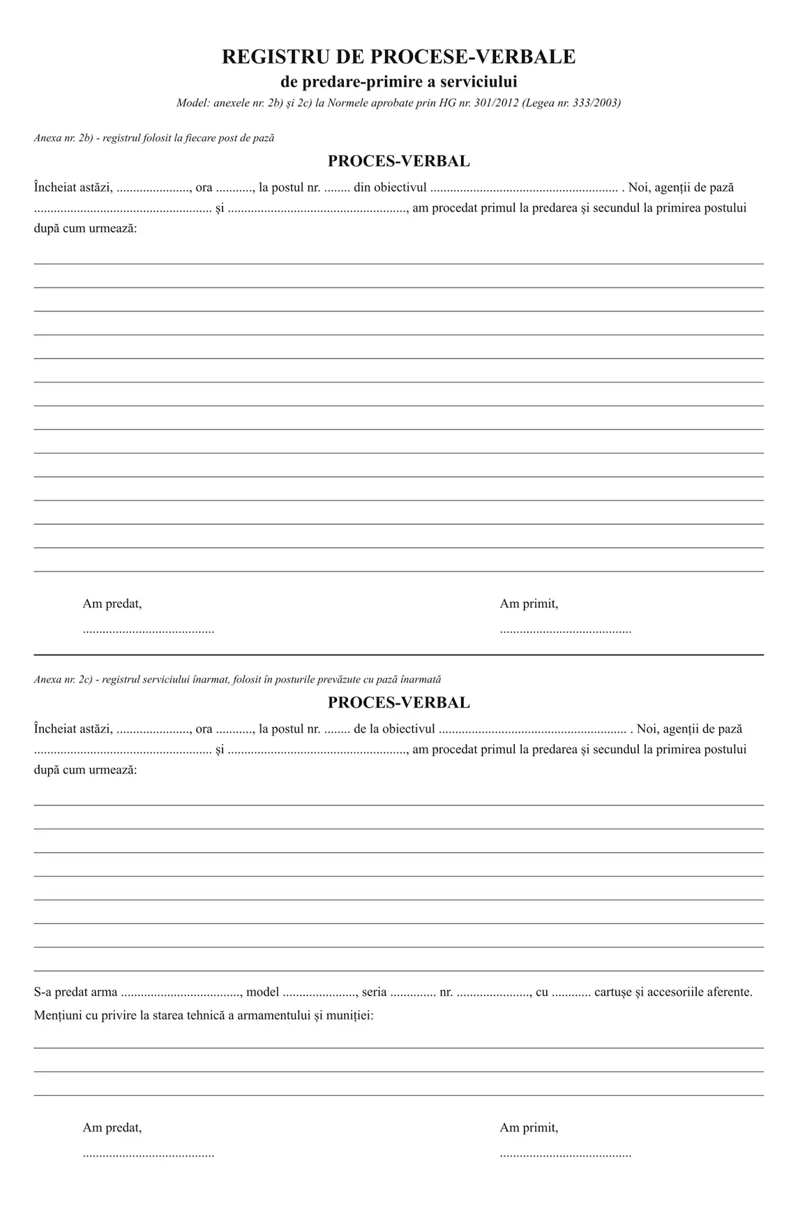 Registru de procese-verbale de predare-primire a serviciului