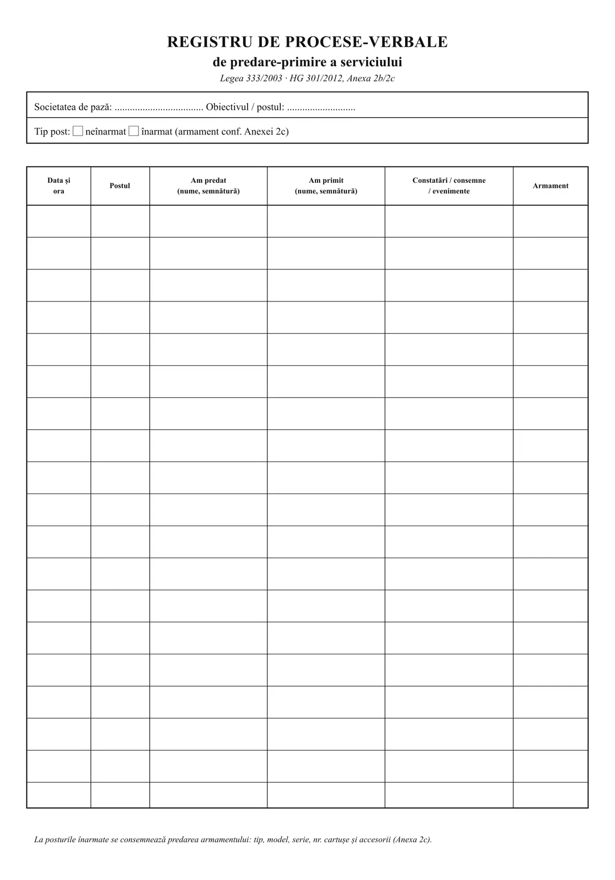 Registru de procese-verbale de predare-primire a serviciului