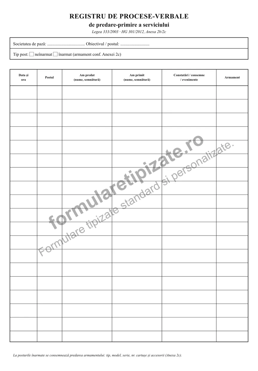 Registru de procese-verbale de predare-primire a serviciului